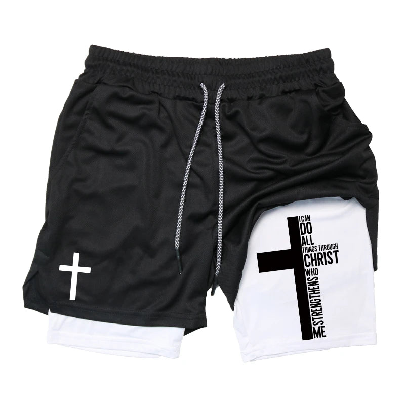 Herren-2-in-1-Lauf-Workout-Shorts mit Druck, Christian Gym Athletic Performance Shorts mit Handytasche und Handtuchschlaufe, Activewear
