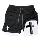 Herren-2-in-1-Lauf-Workout-Shorts mit Druck, Christian Gym Athletic Performance Shorts mit Handytasche und Handtuchschlaufe, Activewear