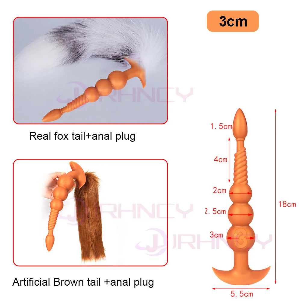 3-10cm Großer Analsex Plug mit Schwanz Sexspielzeug für Erwachsene Spiele Paare DIY Cosplay Großer Butt Plug Silikon Weich Lang Anal Beads Frauen