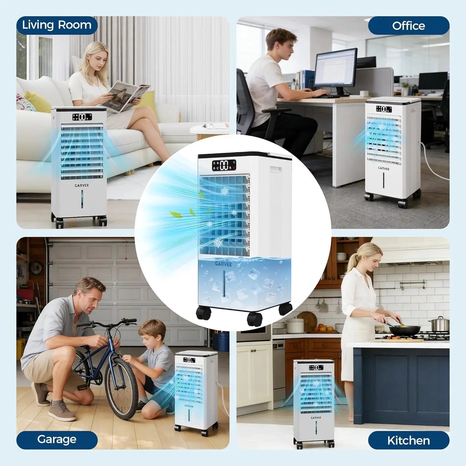 Tragbarer mobiler Kühlerlüfter 7L Tank 12h Timer 120° Oszillation, Fernbedienung mit beweglichen Rädern für Schlafzimmer, Wohnzimmer