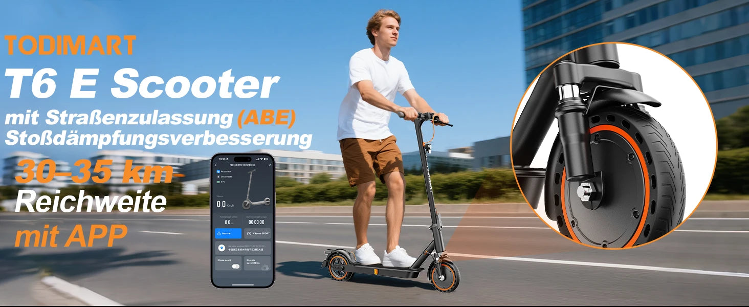 TODIMART T6 ABE E-Scooter mit Straßenzulassung, 30 km, 350 W, Zoll-Reifen, doppelter Stoßdämpfer, E-Scooter für Erwachsene