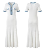 Elegantes, kontrastierendes, gestricktes Maxi-Kleid für Damen, schickes O-Ausschnitt-Kurzarmkleid mit Metallknöpfen, figurbetonte Kleider, Büro-Lady-Pendlerrobe
