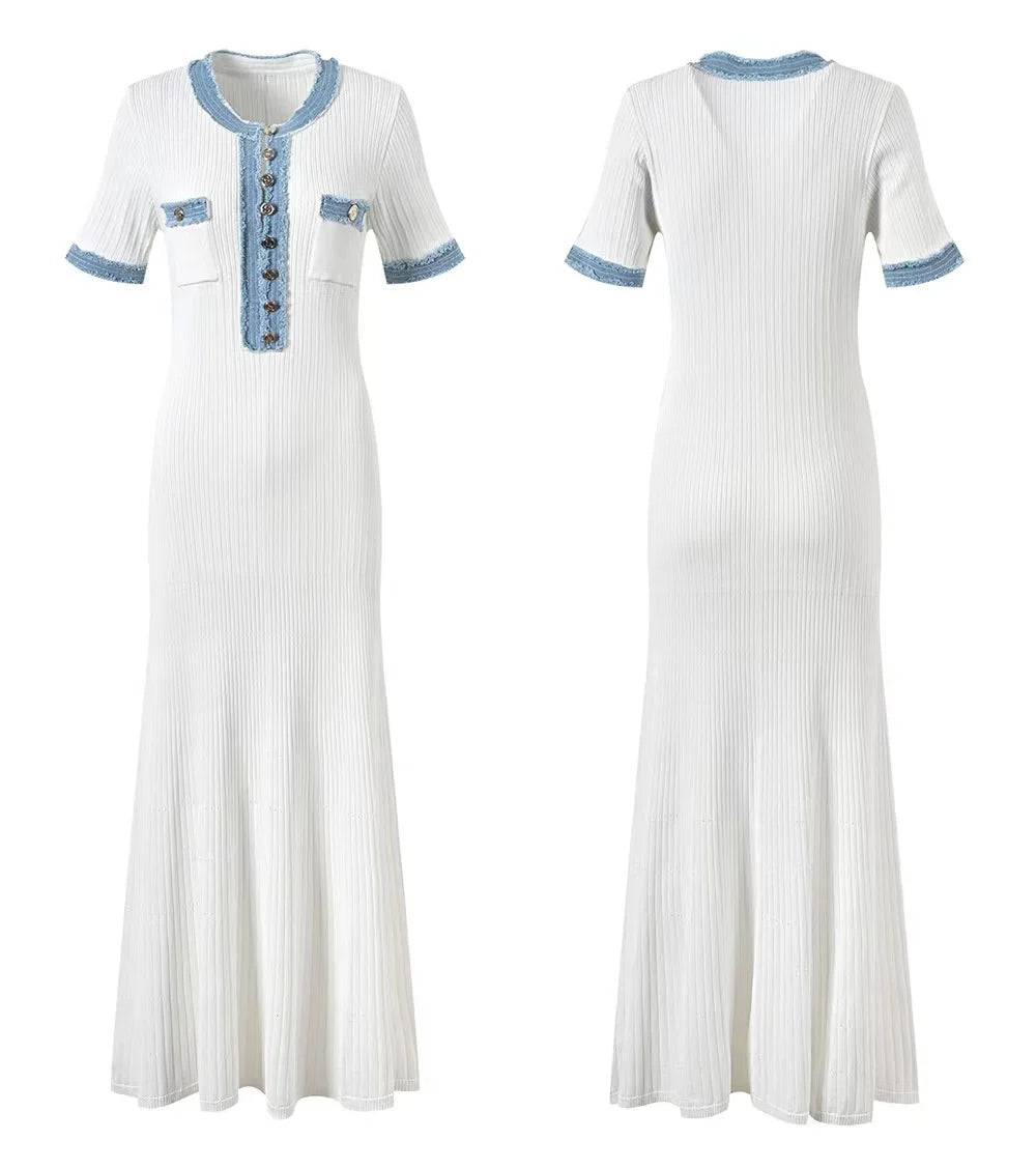 Elegantes, kontrastierendes, gestricktes Maxi-Kleid für Damen, schickes O-Ausschnitt-Kurzarmkleid mit Metallknöpfen, figurbetonte Kleider, Büro-Lady-Pendlerrobe