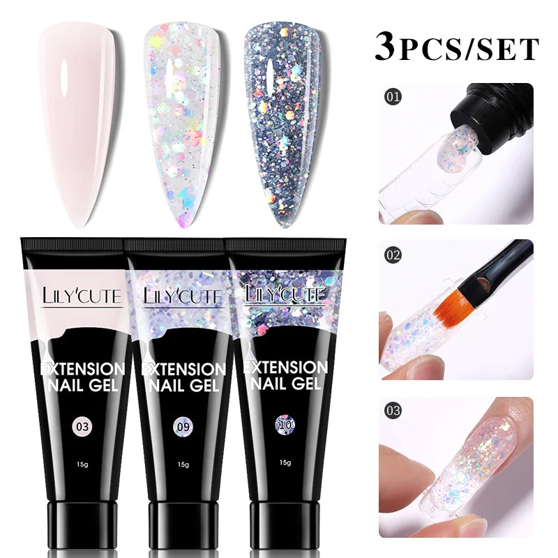 LILYCUTE 15ml Verlängerungsgel-Nagellack-Set Quick Nail Prolong mit Verlängerungsform-Nagelspitzen Acryl-Lösung Maniküre-Werkzeug-Kit