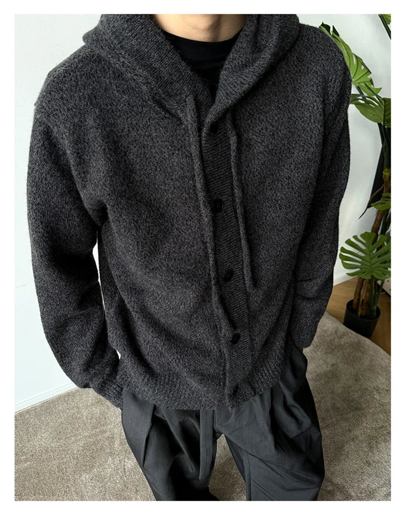 Neue lässige Luxus Strickjacke mit Kapuze für Herren Koreanische Mode Lockerer Cardigan mit Knopfleiste Y2K Vintage Streetwear Strickwaren Mantel
