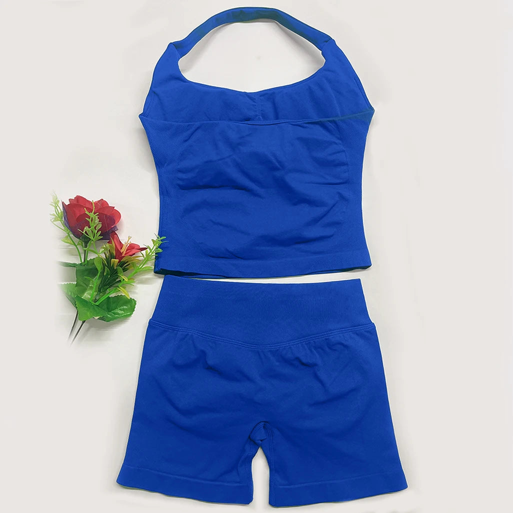 Yoga Outfits Damen 2-teiliges Sport-Set DFNNYE Impact Halfter Neck Neckholder Rückenfrei Oberteil Nahtlose Scrunch Shorts Fitness-Workout-Sportanzug