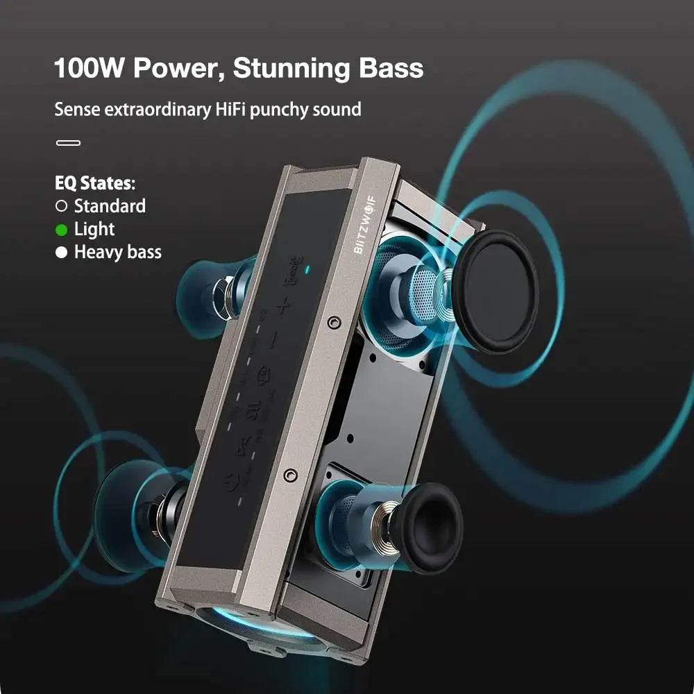 BlitzWolf BW-WA3 100W TWS Bluetooth-Lautsprecher mit vier Treibern, doppelter Membran, tiefem Bass, RGB-Licht, IPX5 Wasserdichtigkeit, 5000mAh Akku