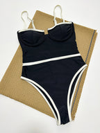 2024 Neu Schwarz-Weiß Kontrastfarbe Einteiliger Badeanzug Für Damen Push Up Bademode Bodysuit Monokini Badeanzug Strandmode