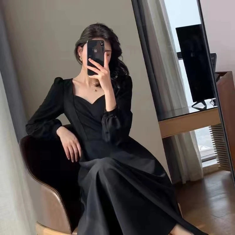 Langärmeliges Kleid mit Puffärmeln, unifarben, elegant, Damenbekleidung, Hochzeitsgast, Neujahr, Damenmode, Hohe Taille, Schmal, Abendpartykleider