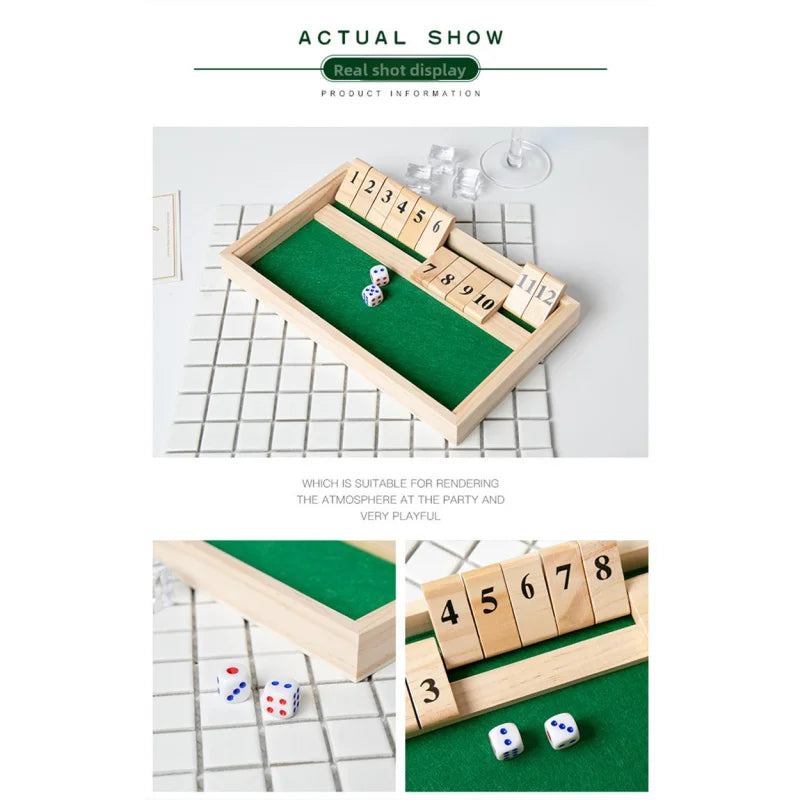 Hölzernes Shut the Box Würfelbrettspiel Klassische Tischversion mit 12 Zahlen, Kneipenstil, traditionelles Familien-Partyspiel für drinnen