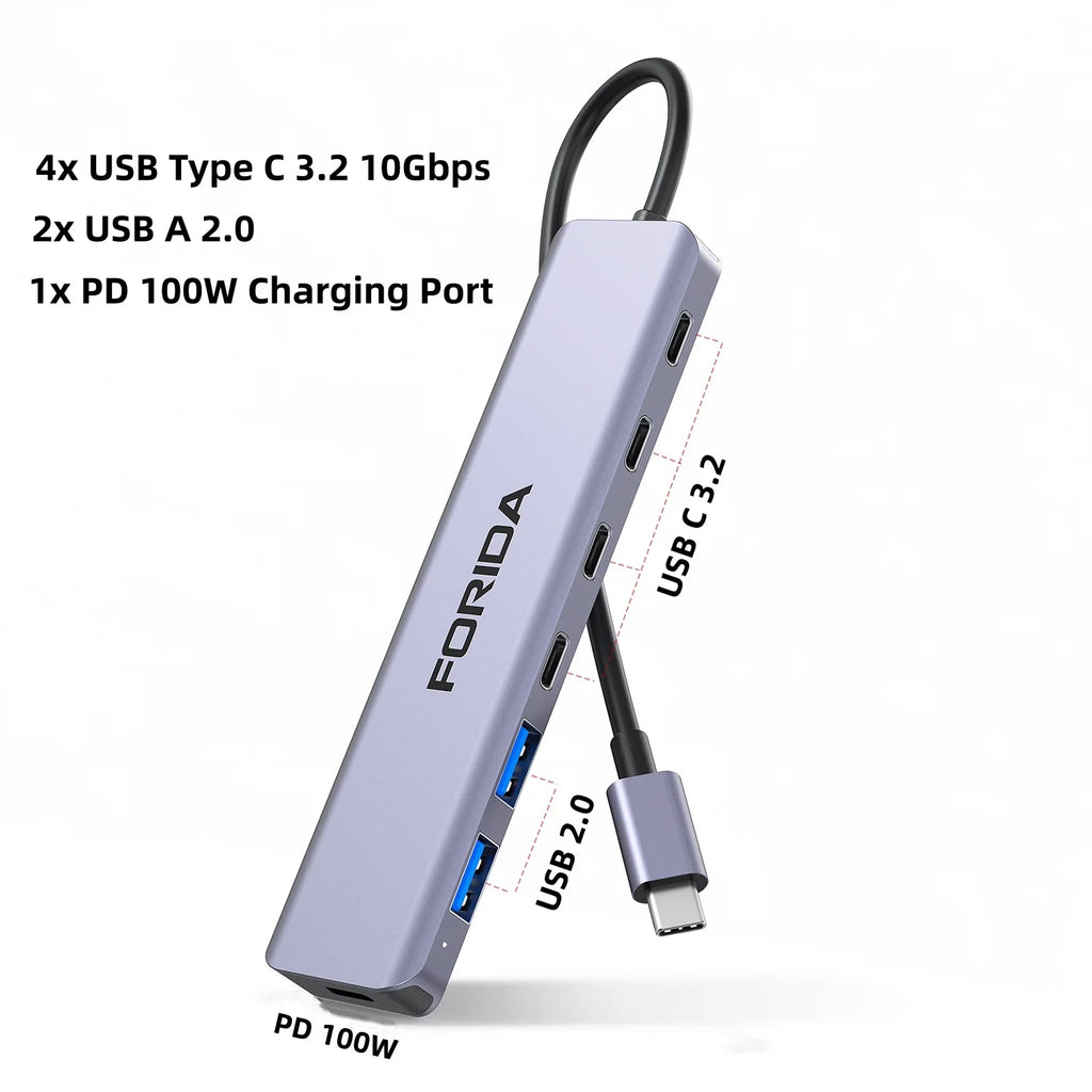 FORIDA USB-Hub Typ C 10 Gbit/s USB-C-Splitter PD 100 W Stromladung USB 3.2 Gen2 Adapter für Laptop MacBook Desktop Tablet