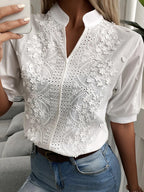 Sommer Blumenstickerei Spitzenbluse Mode Damen V-Ausschnitt Freizeitshirt Chic Kurzarm Hohl-Out Oberteile Elegante Blusen 24350