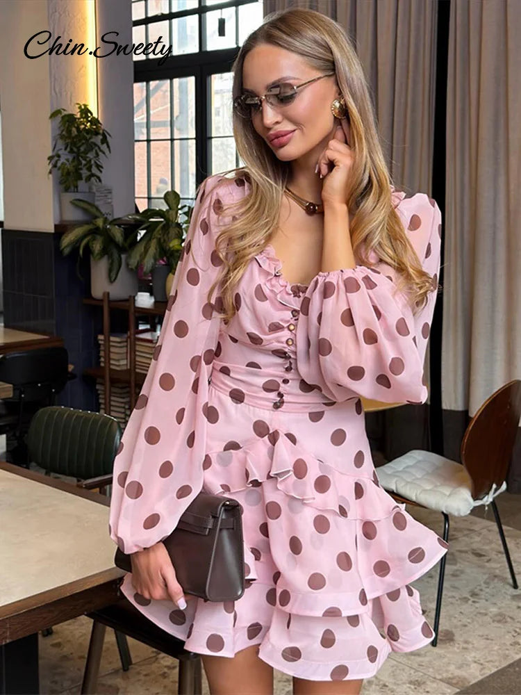 Elegantes Polka Dots Freizeitkleid für Damen Pink Rüschen Langarm A-Linie Sommerkleider Lady Neue Mode Street Robe 2026