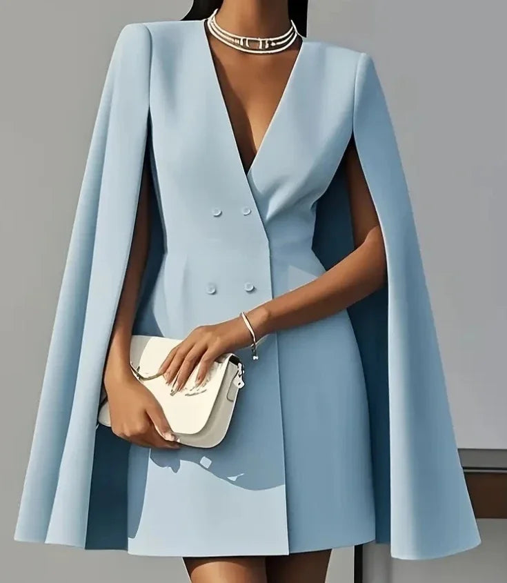 Damenkleider 2025 Frühling Herbst Neu Pendler Doppelreihiger Schalkragen Cape Einfarbig V-Ausschnitt Minikleid Mode Damenbekleidung