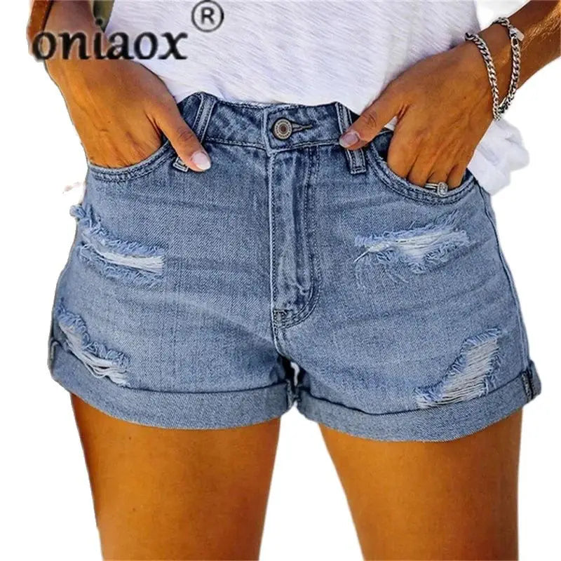 2024 Sommer neue Damen-Crimp-Knopfleiste Stretch Sexy Loch Jeans-Shorts High Waist Skinny Streetwear Trendige Ripped Denim-Shorts Hauptbild
