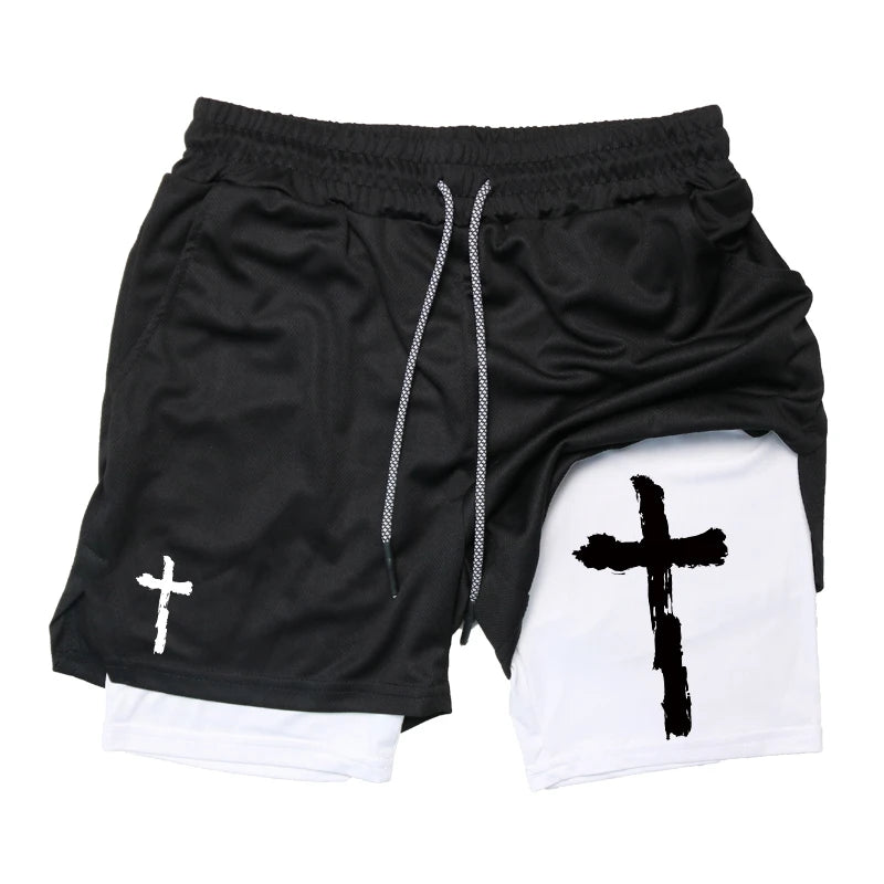 Herren-2-in-1-Lauf-Workout-Shorts mit Druck, Christian Gym Athletic Performance Shorts mit Handytasche und Handtuchschlaufe, Activewear