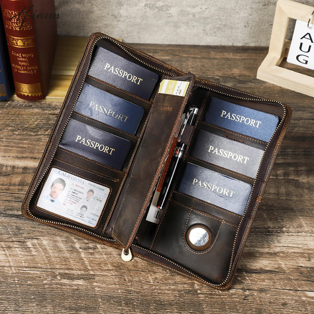 Family Passport Wallet with AirTag Slot for Travel Genuine Leather Credit Card Boarding Pass Holder Pen Cover Money Clutch Bag Hauptbild