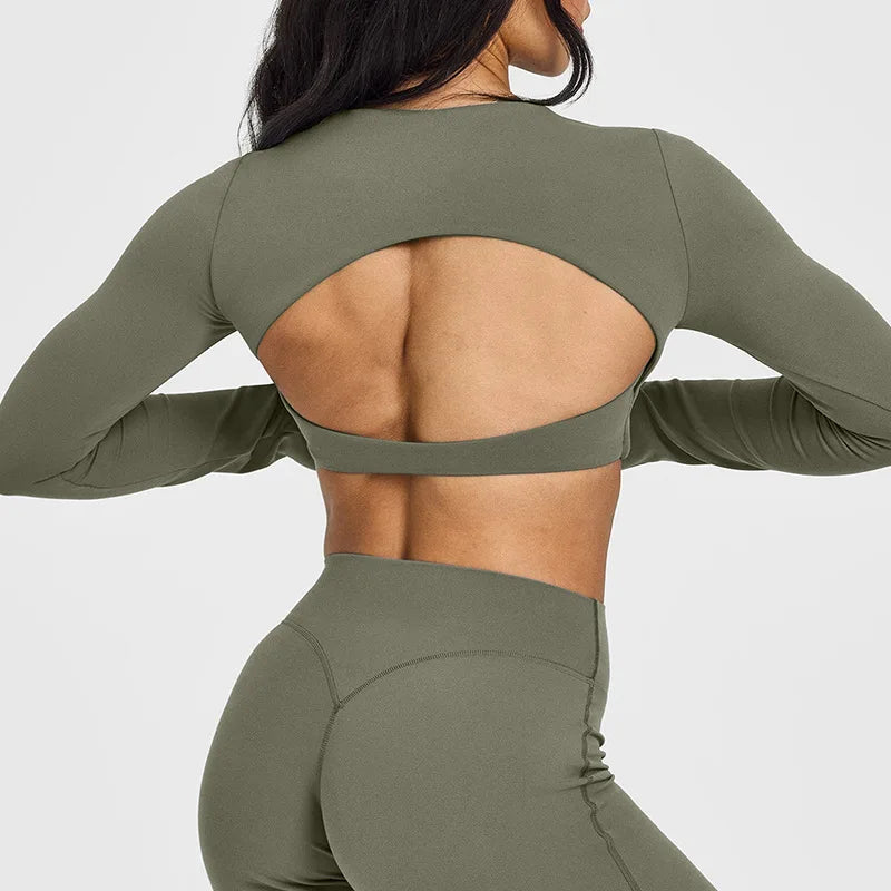 NCLAGEN Yoga-Top mit integriertem BH, langärmeliges Damen-Gym-Oberteil, rückenfreies Workout-Shirt, hochelastisches atmungsaktives Fitness-Shirt