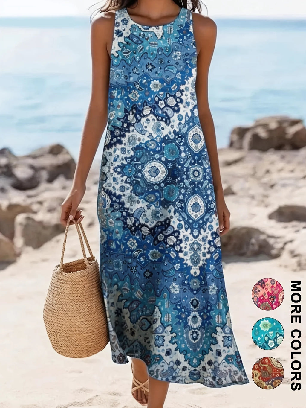 2026 Damen ärmelloses, böhmisches Blumenmuster, lässiges Strand-Midikleid mit Taschen, fließend und locker, Sweetheart im rustikalen Country-Stil