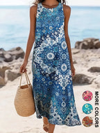 2026 Damen ärmelloses, böhmisches Blumenmuster, lässiges Strand-Midikleid mit Taschen, fließend und locker, Sweetheart im rustikalen Country-Stil