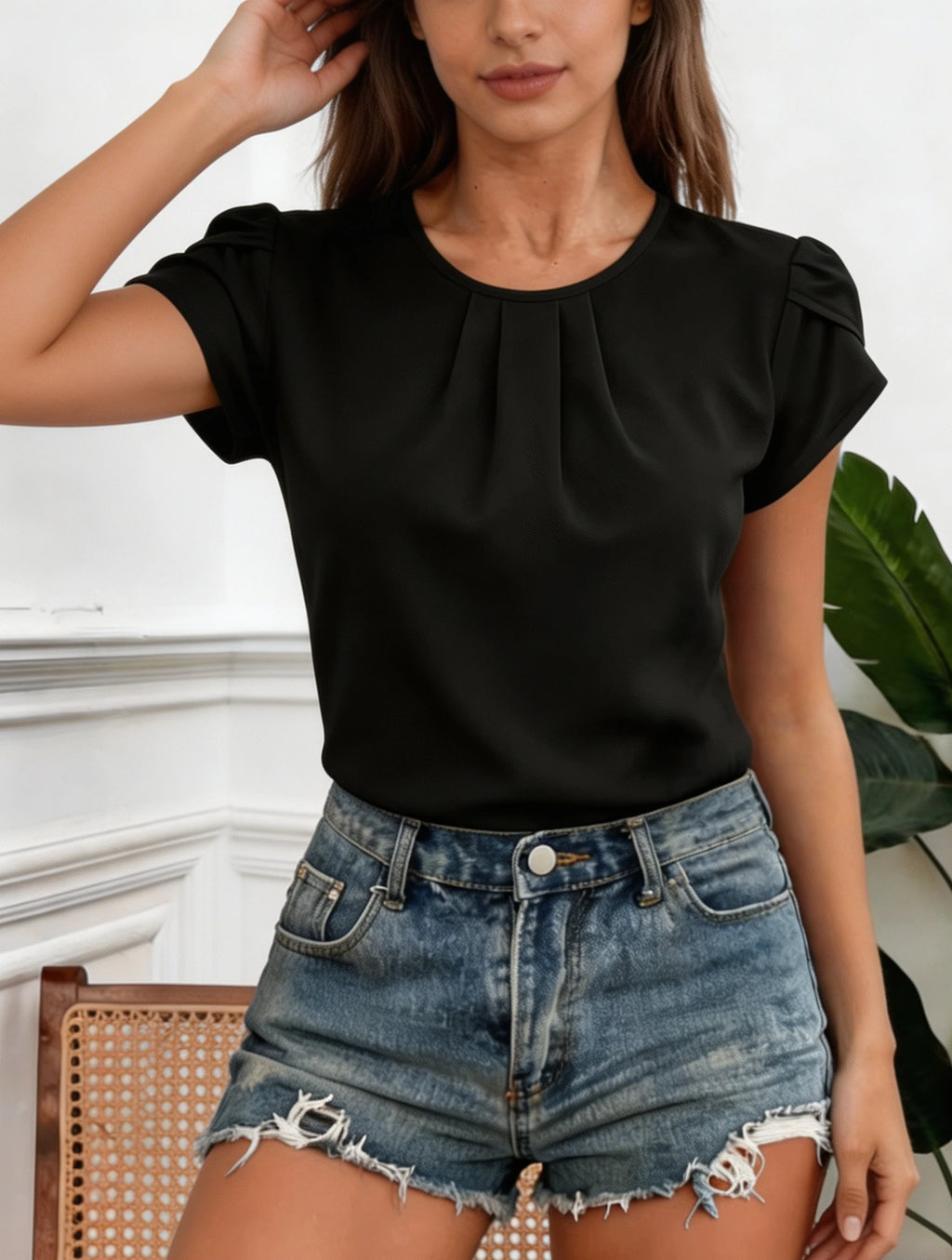 Damen Chiffon Bluse Schwarz Rundhals Plissiert Puffärmel Oberteil Locker Sitzende Lässige Chic Hemden Tops Frühling Sommer Büro Alltagskleidung