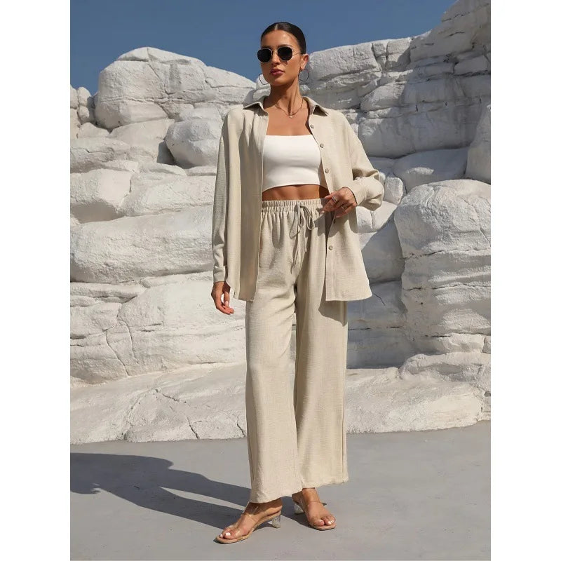 Große Größen Casual Locker Zweiteiler Weites Bein Hose Langarmshirt Hellbeige Street Style Elegant Qualität Polyester Somm...