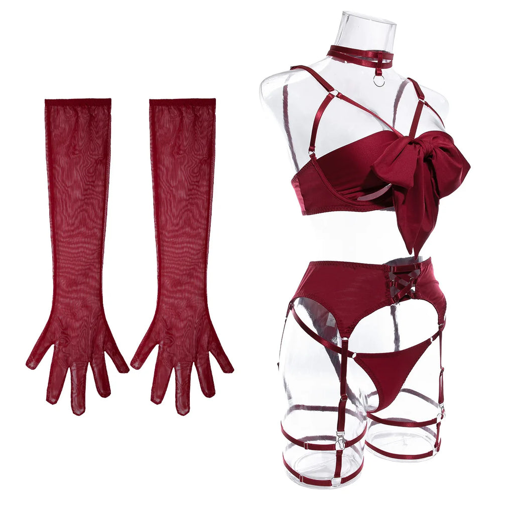 Sexy Dessous-Set mit Schleifenverzierung, durchbrochen, für Damen, einfarbig, exotische Bekleidung, weiblicher Stil, reine Begierde, Unterwäsche mit Strapsen und Handschuhen