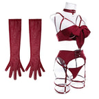 Sexy Dessous-Set mit Schleifenverzierung, durchbrochen, für Damen, einfarbig, exotische Bekleidung, weiblicher Stil, reine Begierde, Unterwäsche mit Strapsen und Handschuhen
