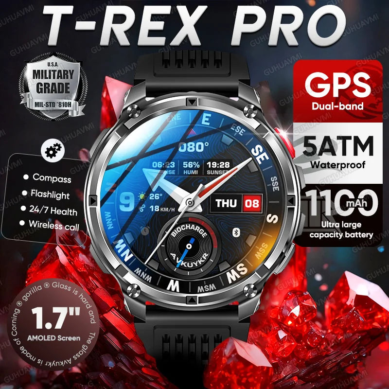 2026 Neue T-Rex3 Pro 1100mAh Akku Smartwatch GPS-Route 5ATM Wasserdicht Sport Lauf-Tracker Outdoor Kompass Militär-Smartwatch