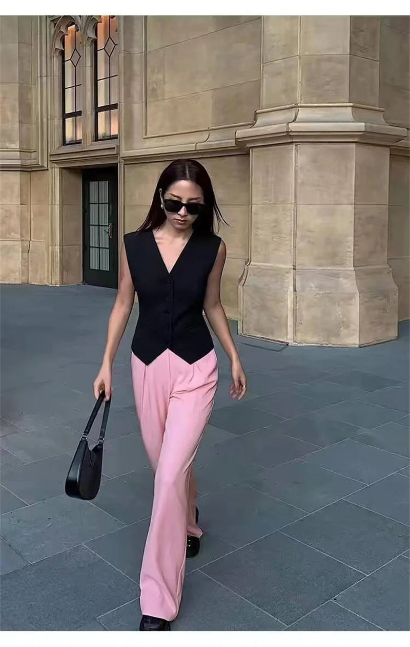 Frühling Sommer Koreanische Mode Weste 2025 Neue Damen Kurze Mode V-Ausschnitt Ärmellose Freizeit Blazer Weste Mäntel Weibliche Oberteile