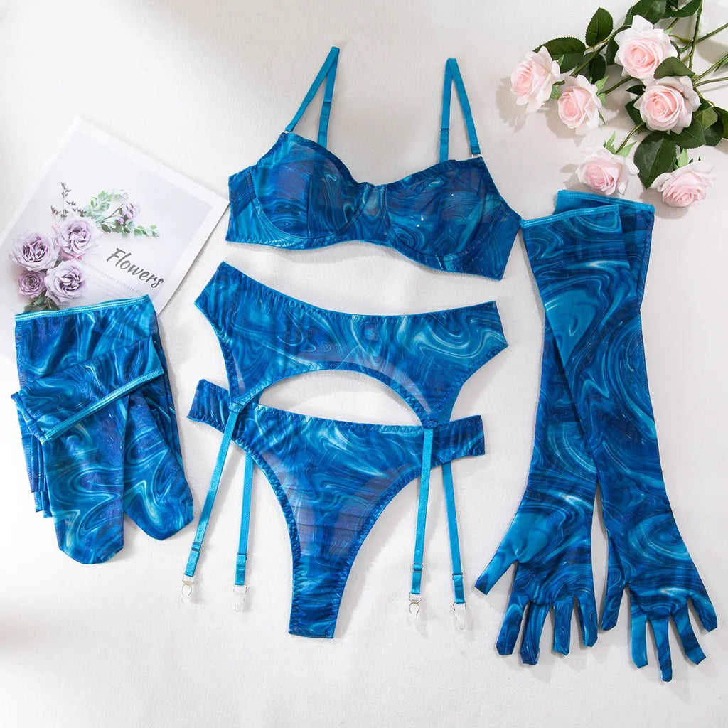 Sexy Perspektive Brustraffer Bedruckter Dessous-Set mit Handschuhen und Bein-Set für Damen, fünfteiliges Set, Damen Fun-BH- & Slip-Sets