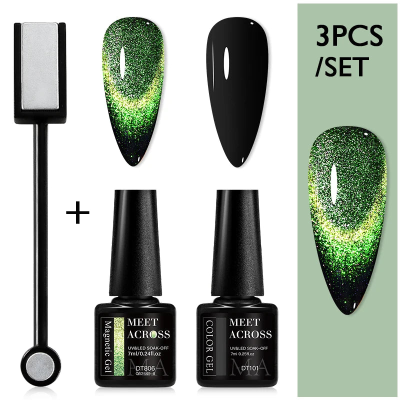 MEET ACROSS 3Pcs/Set 9D Cat Magnetic Gel Nail Polish With Magnetic Stick Semi Permanent Soak Off Nail Art UV LED Gel Varnish Kit