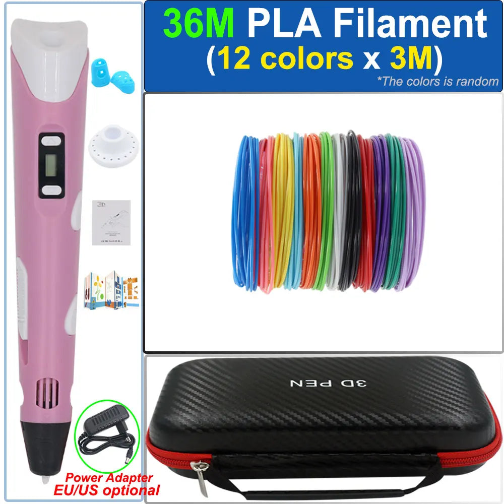 Kinder 3D-Stift 3D-Zeichnung Druckstift mit LCD-Bildschirm Netzteil 200M PLA Filament Spielzeug Kinder Weihnachten Geburtstag DIY Geschenk