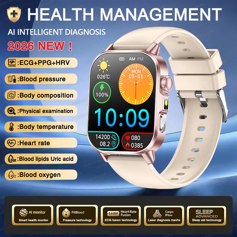 Neue Herren Smartwatch für präzise Gesundheitsdiagnose: EKG, Blutdruck, Blutsauerstoff, Blutfett, Harnsäure, Temperatur, Bluetooth-Anruf