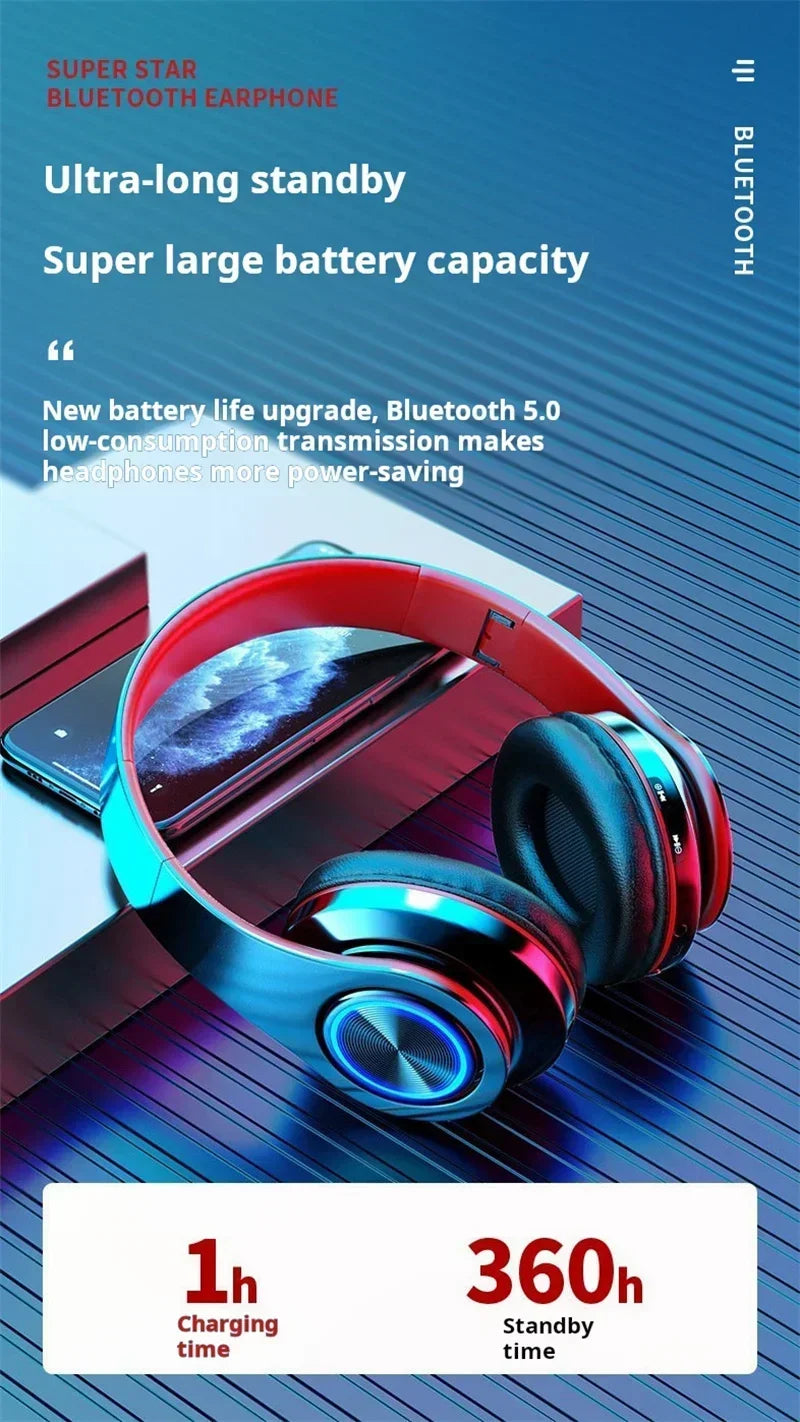 Headsets Gamer Kopfhörer Bluetooth Surround Sound Stereo Kabelloser Kopfhörer USB mit Mikrofon Buntes Licht PC Laptop Headset