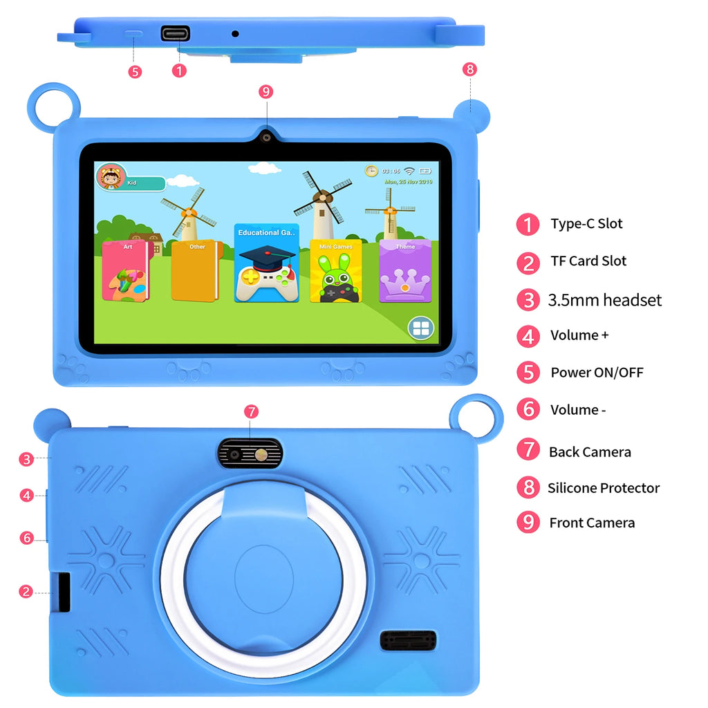 Neue globale Android Version 7 Zoll Tablets Quad Core 4GB+64GB ROM 5G WiFi Google Kids Tablets Tragbare kindersichere Schutzhülle
