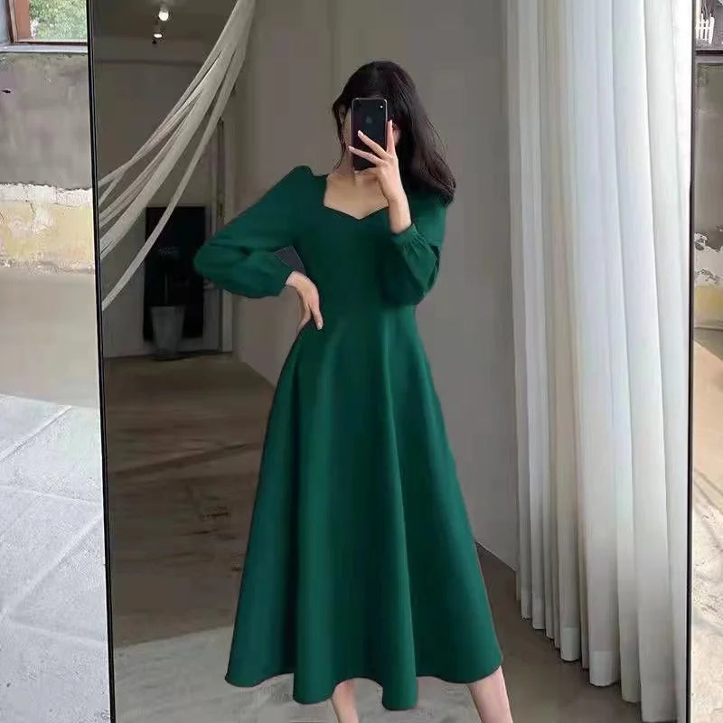 Langärmeliges Kleid mit Puffärmeln, unifarben, elegant, Damenbekleidung, Hochzeitsgast, Neujahr, Damenmode, Hohe Taille, Schmal, Abendpartykleider