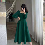 Langärmeliges Kleid mit Puffärmeln, unifarben, elegant, Damenbekleidung, Hochzeitsgast, Neujahr, Damenmode, Hohe Taille, Schmal, Abendpartykleider