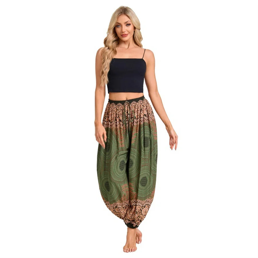 Damen Boho Weite Hosen Haremshose Erwachsene Hohe Taille Yoga Loose Laternenhose Atmungsaktive Strandhose Urlaub Bedruckte Jogger