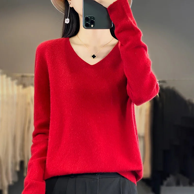 Damen 100% Merinowolle Pullover V-Ausschnitt Basic Pulli Herbst Winter Kaschmir Kleidung Langarm Weiche Strickware Oberteile Unifarben