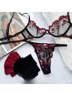 YUQI Französisches Luxus-Dessous-Set – sexy BH- und Höschen-Set mit floraler Stickerei in Schwarz, durchsichtige, transparente, verführerische Damen-Unterwäsche