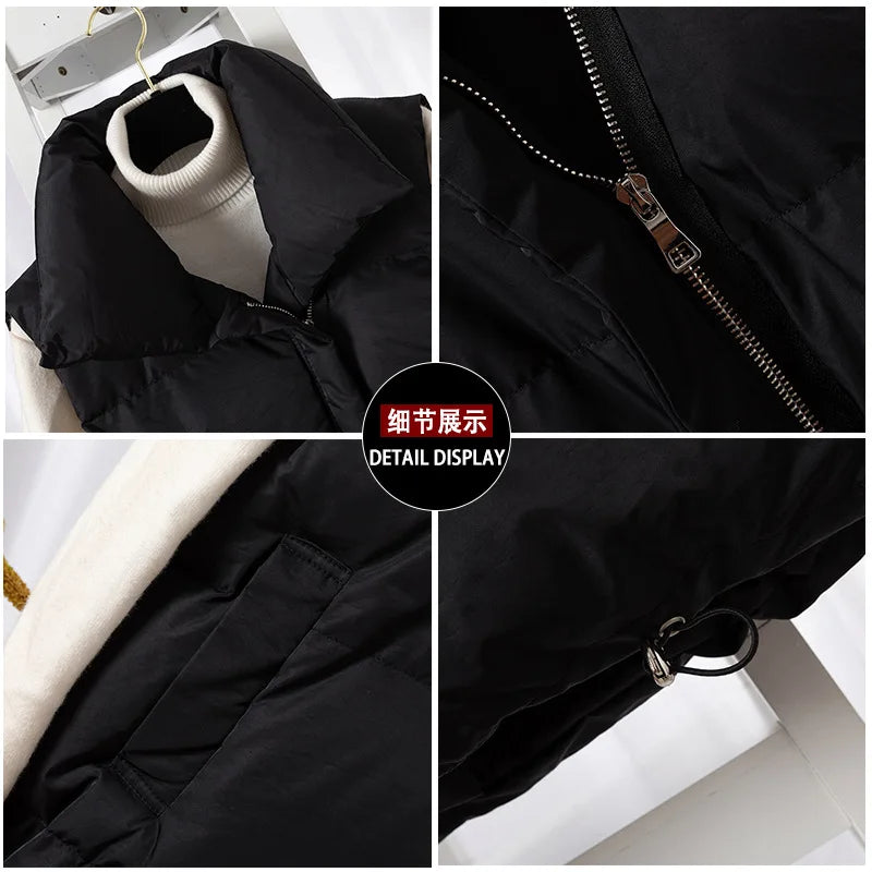 Damenmode Herbst Neu 2024 Stehkragen Elegante Daunenmäntel Warme Oberbekleidung Freizeitgürtel Ärmellose Winter Damenwesten Jacken