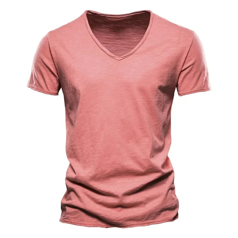 Frühling Sommer Baumwoll-T-Shirts Herren 2025 Schlichtes V-Ausschnitt Stretch Uni Neue Oberteile Kleidung Freizeit-T-Shirt Mann Streetwear Coole T-Shirts