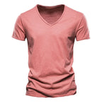 Frühling Sommer Baumwoll-T-Shirts Herren 2025 Schlichtes V-Ausschnitt Stretch Uni Neue Oberteile Kleidung Freizeit-T-Shirt Mann Streetwear Coole T-Shirts