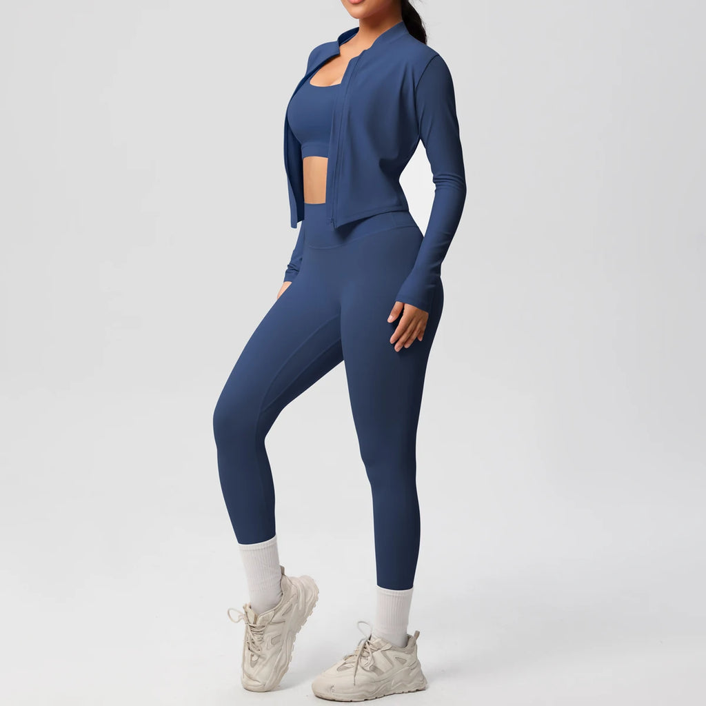 3-teiliges Sportbekleidung Yoga-Set Gym Sport-BH Reißverschlussjacke Leggings Kleidung Sportbekleidung Yoga-Anzüge für Damen Fitness-Set Trainingsanzug