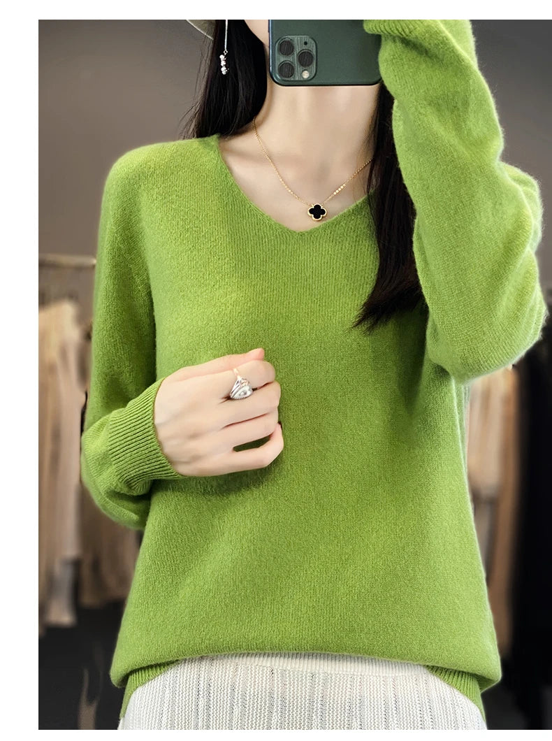 Damen 100% Merinowolle Pullover V-Ausschnitt Basic Pulli Herbst Winter Kaschmir Kleidung Langarm Weiche Strickware Oberteile Unifarben