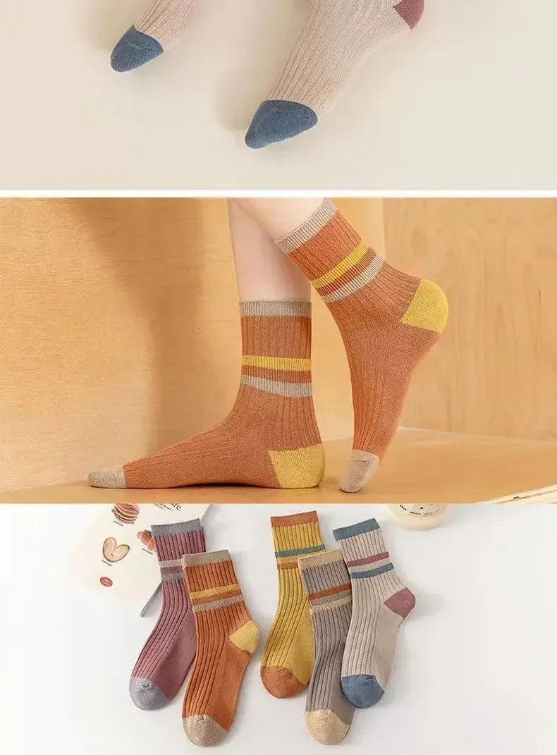 5 Paar gestreifte Socken für Damen, bequem, weich, mittellang, Winter, Harajuku, lustige Freizeitsocken, Damenstrümpfe, Strumpfwaren