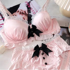 YUQI Kawaii Japanisches Lolita Dessous-Set - Süßer Schleifen-BH-Bezug & Höschen für kleine Brüste, Reiner Sexy Teenager-Mädchen-Charme XS-S Cup BH