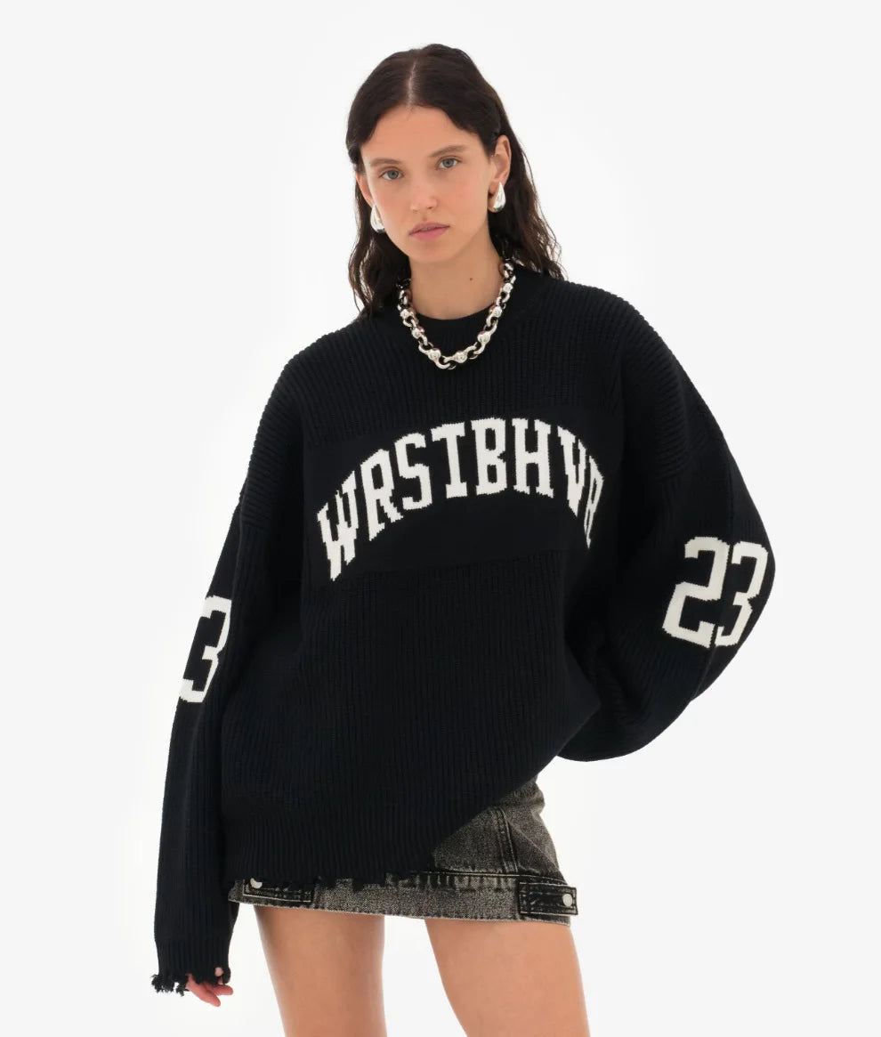 Trendiger lockerer Buchstaben-Jacquard-Strickpullover Damen 2025 Herbst Neu Highstreet Grau Schwarz Weicher Pullover Hottie Vielseitige Teile