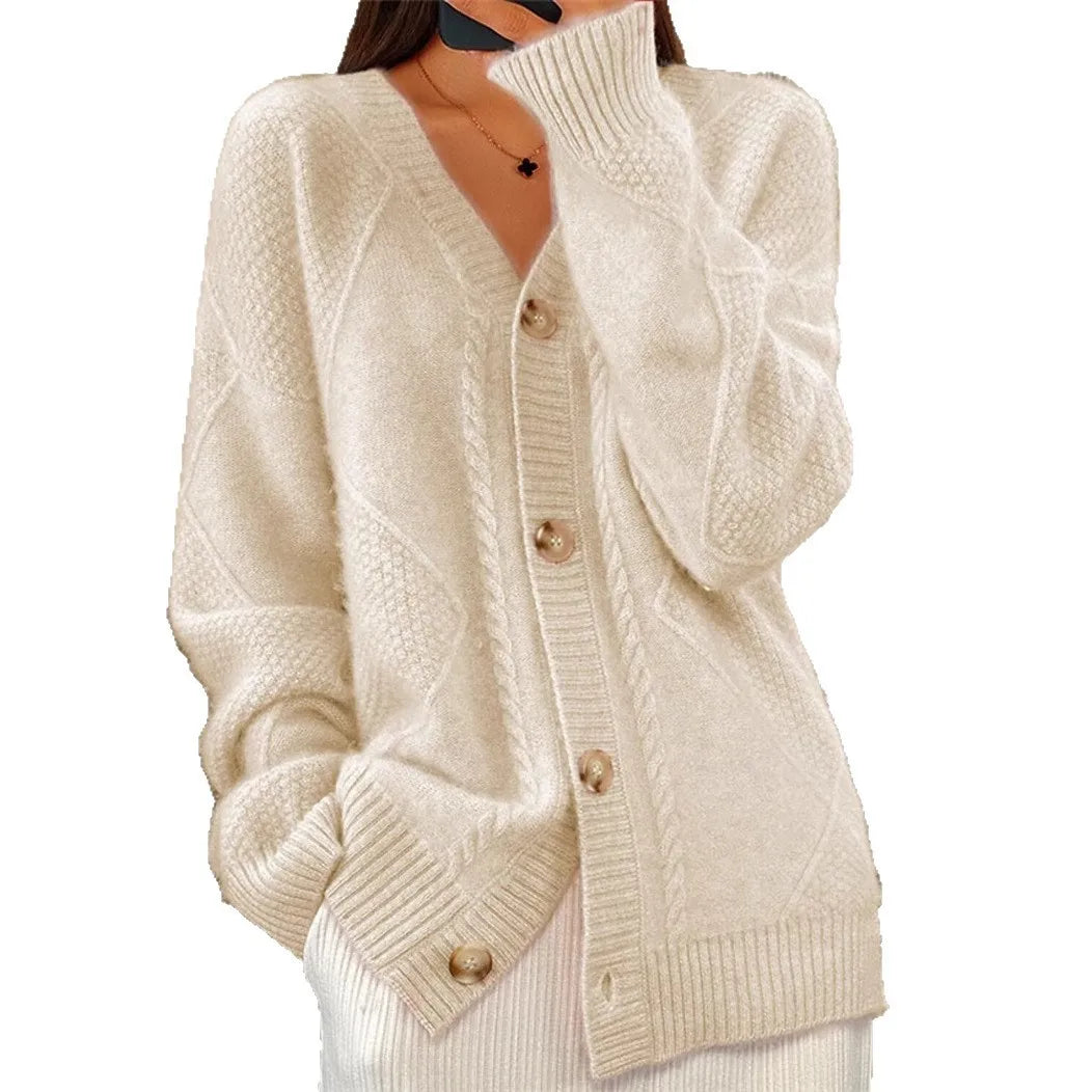 Herbst und Winter neuer einfarbiger, langärmeliger V-Ausschnitt Strickcardigan mit Jacquard-Knopfleiste Damenpullover